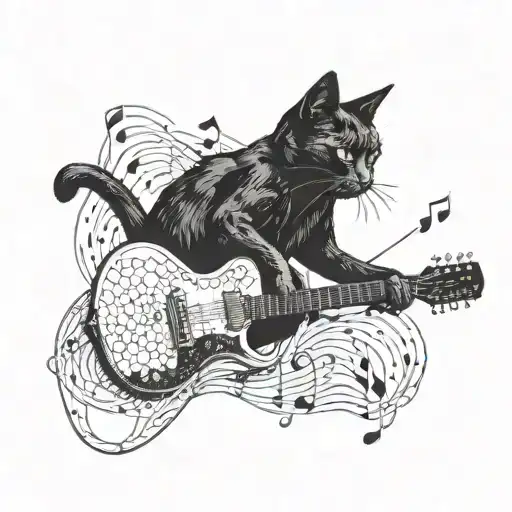A Black Cat Playing A Guitar With Musical Notes Floating Around It