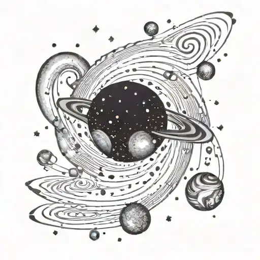 A Dotwork Design Of A Spiral Galaxy With Planets Orbiting Around It