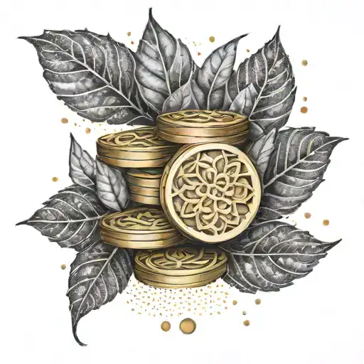 A Stack Of Gold Coins Surrounded By Intricate Leaf Patterns