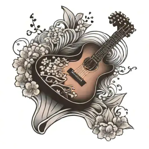 A Guitar Wrapped In Cherry Blossoms And Waves