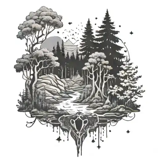 A Mystical Forest Scene With Hidden Symbols Related To Exploration And Adventure