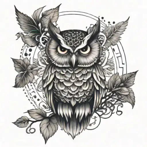 A Tattoo Design Of A Majestic Owl Surrounded By Symbols Of Luck And Prosperity