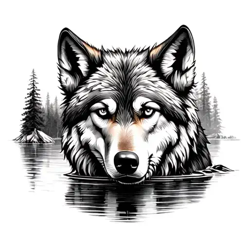 A Detailed Wolf Fishing In A Serene River Setting