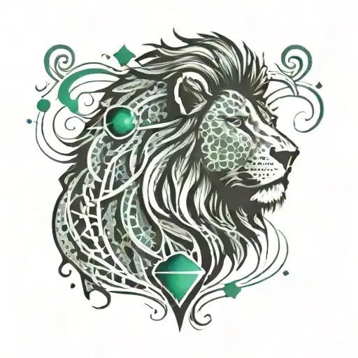A Lion Silhouette Filled With Graffiti Patterns And A Shining Emerald Stone As Its Heart