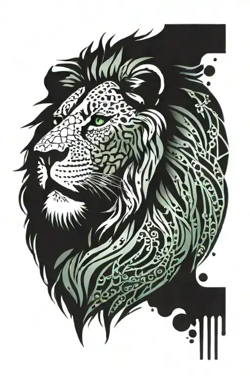 A Lion Silhouette Filled With Graffiti Patterns And A Shining Emerald Stone As Its Heart