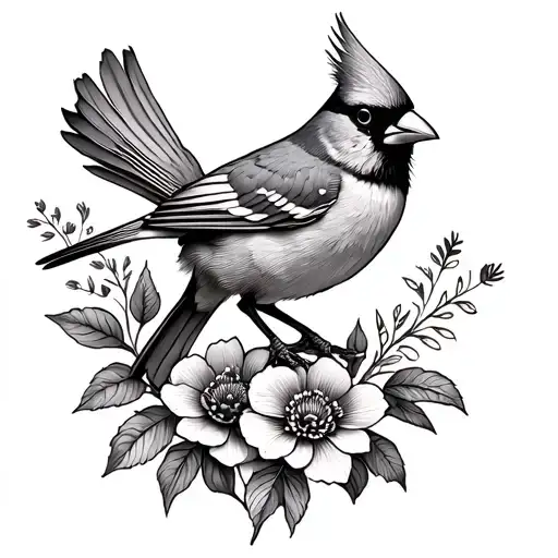 Cardinal Bird Rising Around Birth Flowers Of April And Feburary