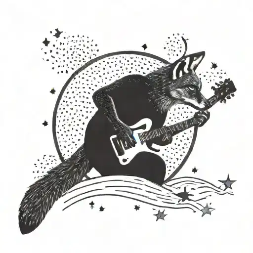 A Dotwork Tattoo Of A Fox Playing A Guitar Under A Starry Sky