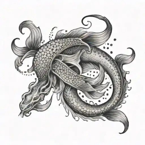 A Dotwork Tattoo Of A Majestic Sea Creature Intertwined With Capricorn Imagery