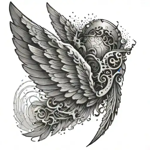 A Tattoo Design Of A Broken Angel Wing Being Repaired With Tattoo Needles