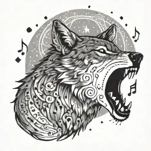 A Mystical Wolf Howling At The Moon With Music Notes Floating Around It