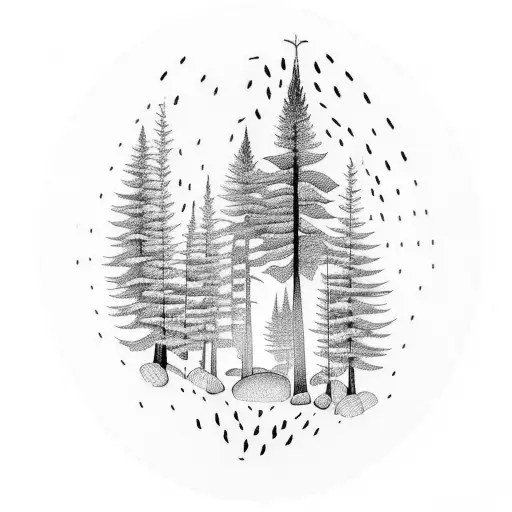 A Dotwork Tattoo Of A Serene Forest Scene With A Hidden Bass Guitar Incorporated Into The Trees