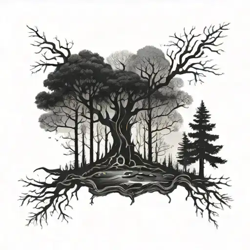 A Dark And Eerie Forest Scene With Hidden Symbols Of Health And Mystery