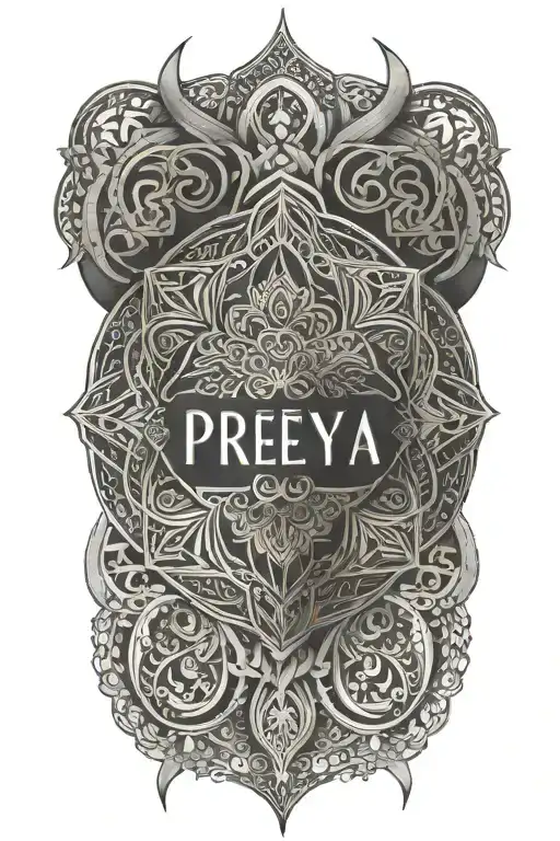 Create A Geometric Mandala Tattoo Featuring Text 'Preeya' Name Intertwined With Intricate Patterns
