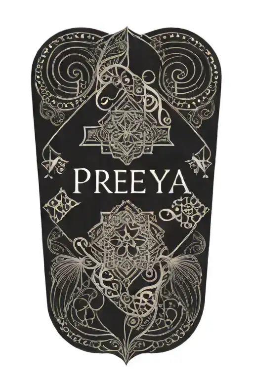 Create A Geometric Mandala Tattoo Featuring Text 'Preeya' Name Intertwined With Intricate Patterns