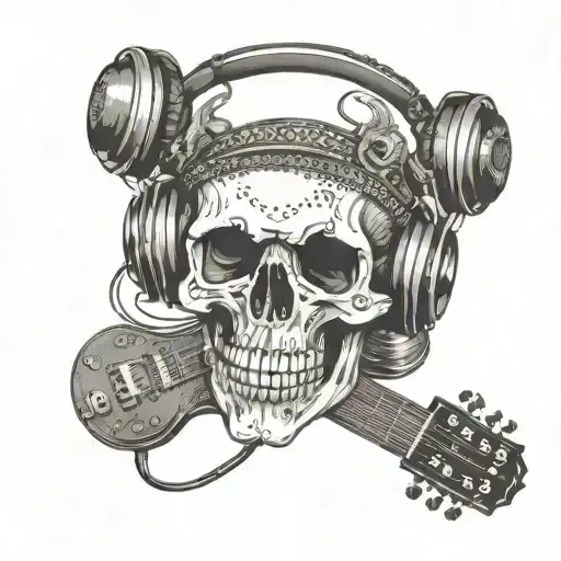 A Skull Wearing Headphones With A Guitar Neck As The Jawbone