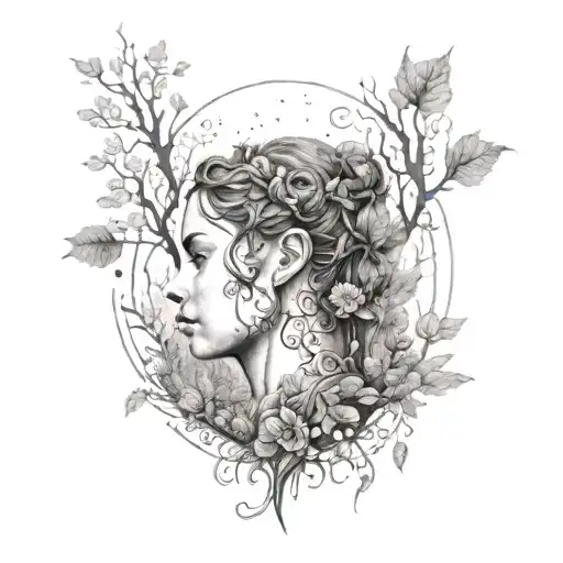 Design A Dotwork Tattoo Featuring A Portrait Of Leszy And Mokosz In A Mystical Forest Setting