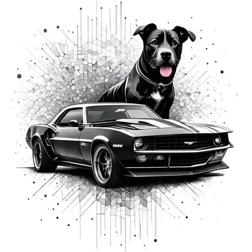 An Abstract Geometric Design Incorporating Elements Of A Camaro And A Dog