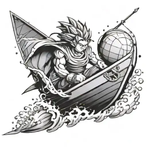 Create A Tattoo Featuring A Dragon Ball Z Character Riding A Speedboat Symbolizing Maritime Security