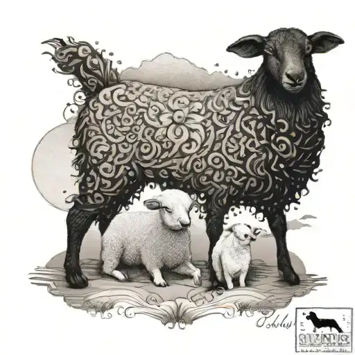An Intricate Dotwork Design Featuring A Lamb And A Dog Playing On The Beach