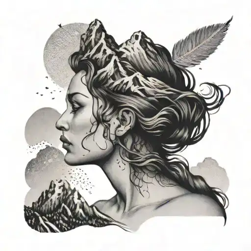 A Surreal Scene Of A Woman With Flowing Hair Transforming Into A Mountain Peak