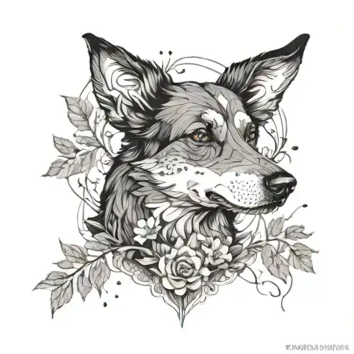 A Tattoo Of Your Dog Surrounded By Nature Elements Like Trees And Flowers