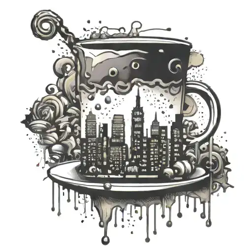 A City Skyline With A Coffee Cup And Party Hats Scattered Throughout