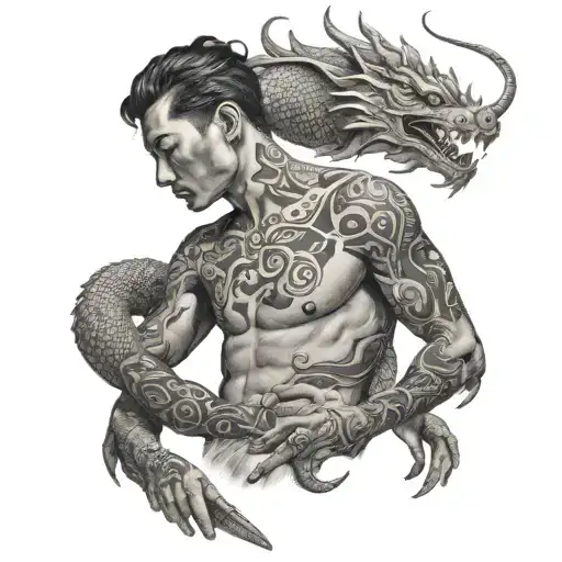 A Dotwork Tattoo Of A Nude Male Model Posing With A Chinese Dragon Wrapped Around Their Body