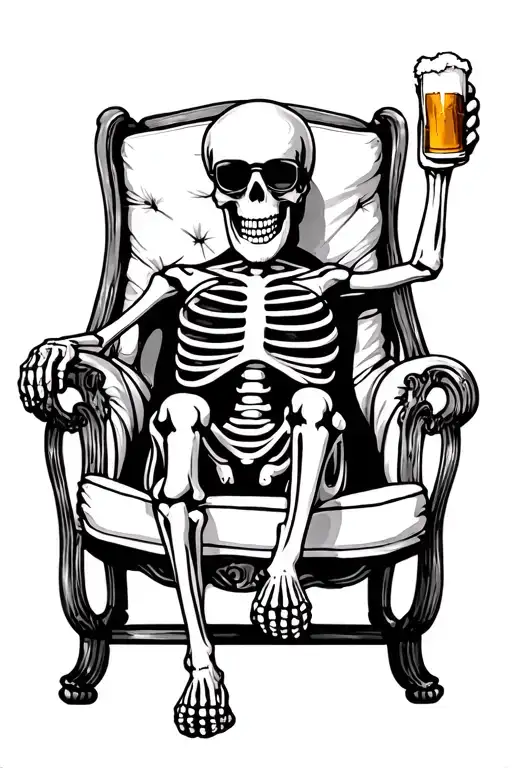 Skeleton Sitting In A Lounge Chair With Sunglasses On While Holding Up A Beer