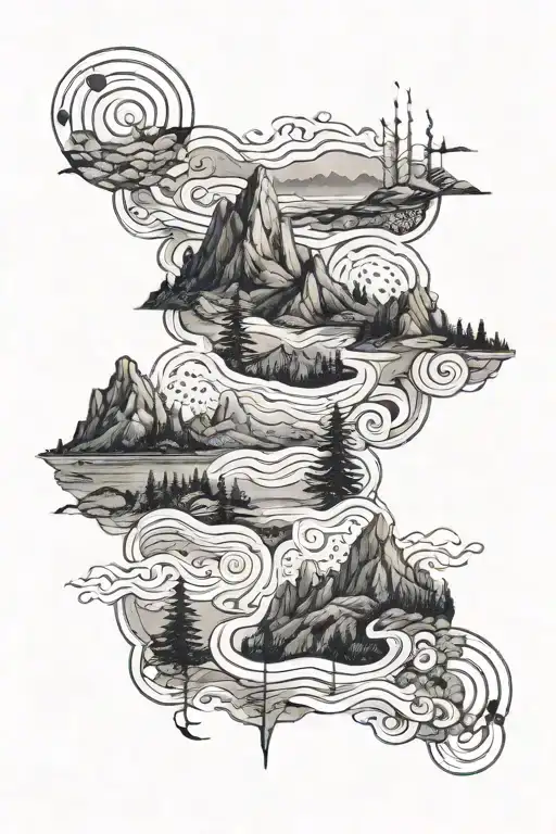 An Intricate Design Of Overlapping Hiking Trails And Ocean Waves