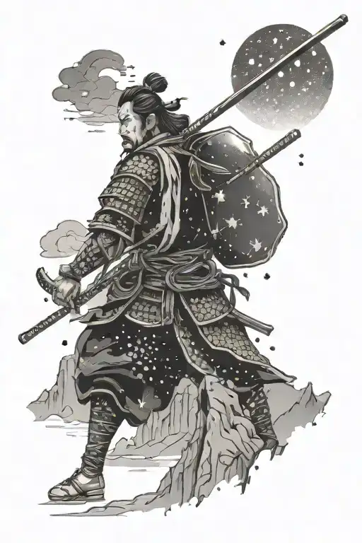 Samurai On A Mountain With A Starry Night