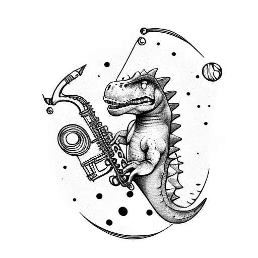 Dinosaurs Playing The Saxophone In Space With Music Notes Around Them