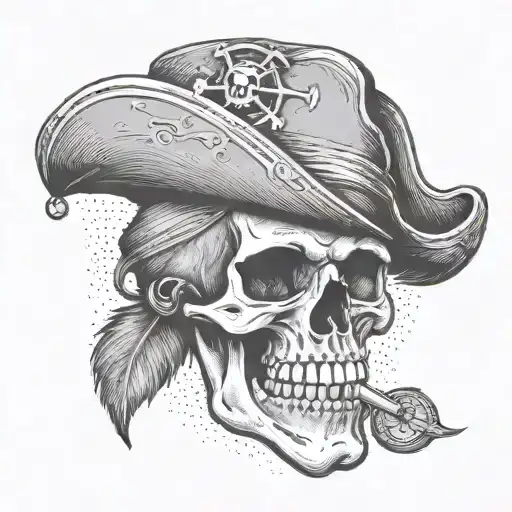 A Pirate Skull With A Feathered Hat And A Pirate Coin In Between It's Teeth