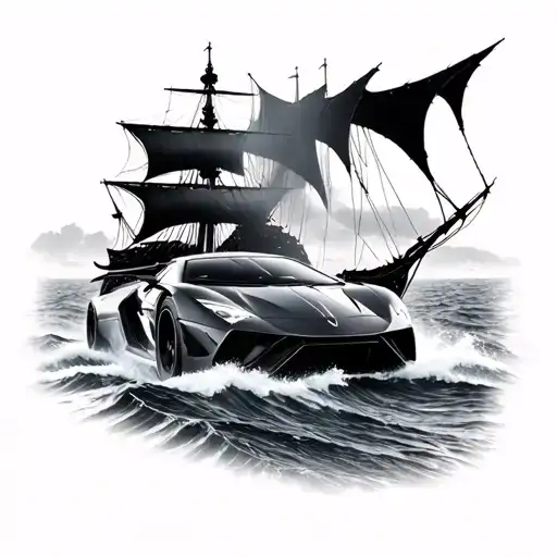 A Sleek And Modern Sports Car Racing Against A Fierce Viking Ship On Rough Seas