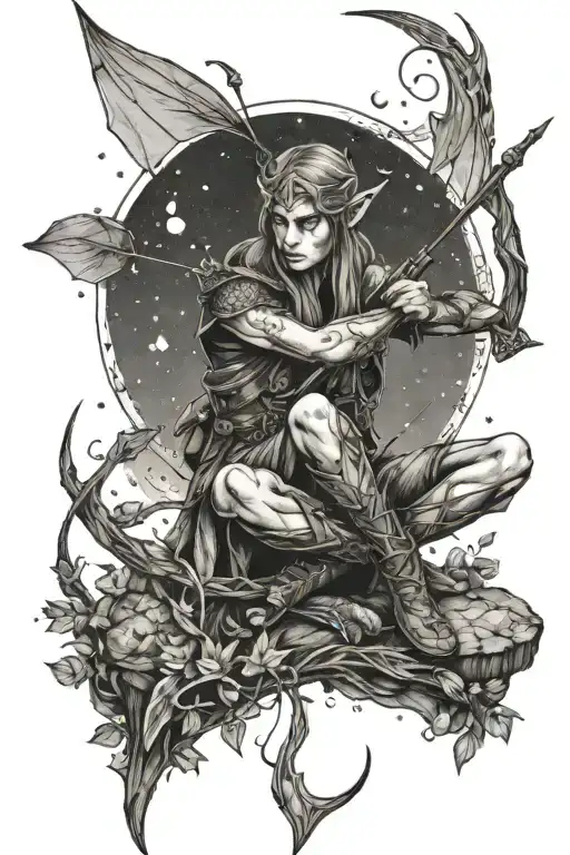 Wood Elf Sitting Under A Moon With Bow And Arrow
