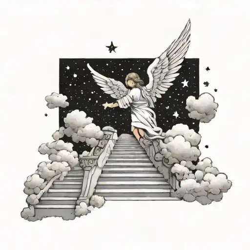 Angel Holding A Heart Walking Up Stairs To Heaven Surrounded By Clouds And Stars