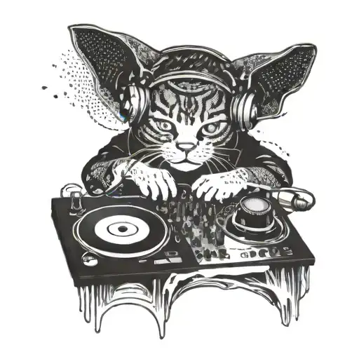 A Cat Dj Mixing Beats On A Beach With Ocean Waves In The Background