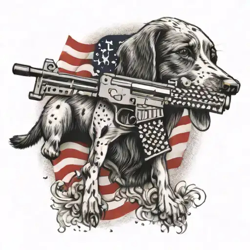 An American Flag With A Shotgun And Hunting Dog Incorporated Into The Design