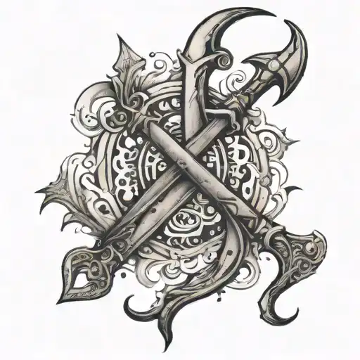 An Intricate Trident Tattoo With Ocean Waves And Administrative Tools Intertwined