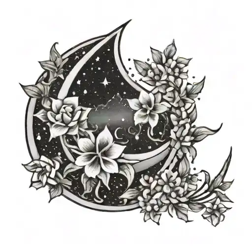 A Celestial Scene Of Flowers Blooming Under A Crescent Moon And Stars