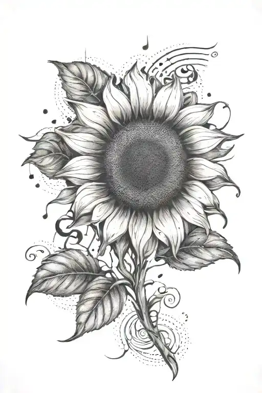 A Dotwork Tattoo Of A Sunflower Blooming Under A Sun With Music Notes Floating Around