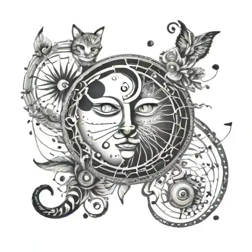 A Dotwork Tattoo Of A Sun And Moon Made Of Music Instruments And Cat Silhouettes