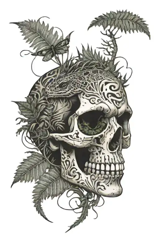 A Cracked Skull With A Lizard Inside And Fern Leaves Growing