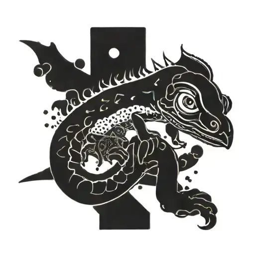 Design A Black And Red Tattoo Of A Family Of Geckos Playing Video Games Together