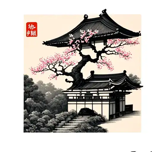 Small Japanese Building With Blossom Tree