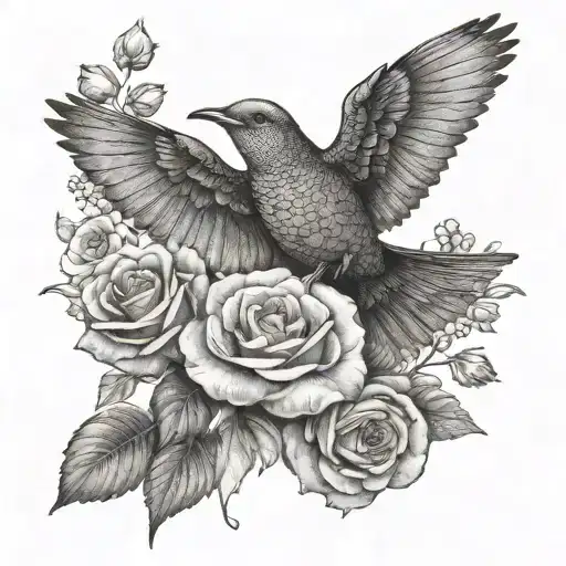 A Dotwork Design Of A Bird Flying Over A Field Of Roses And Hydrangeas