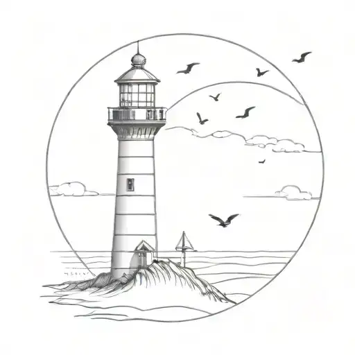 Minimalistic Lighthouse With Dunes And Birds Flying