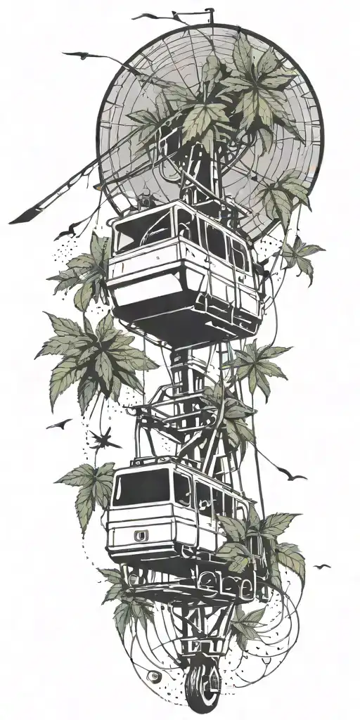 A Dotwork Design Of A Ski Lift Surrounded By Cannabis Leaves And Dollar Bills Floating In The Wind