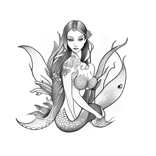 An Outline Tatto Of A Mermaid Touching Libra Costellation