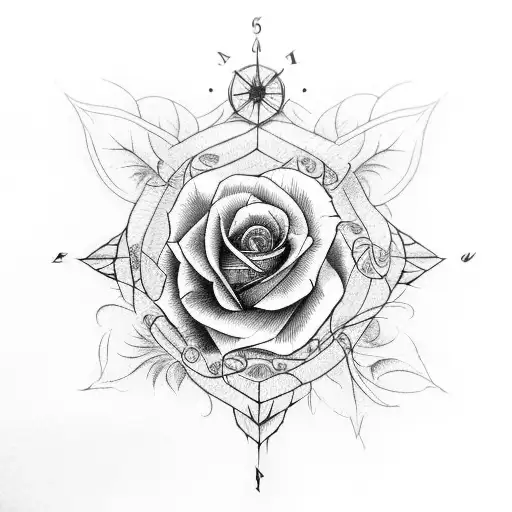 Red Rose And Compass With Vines And Vertical And Horizontal Lines