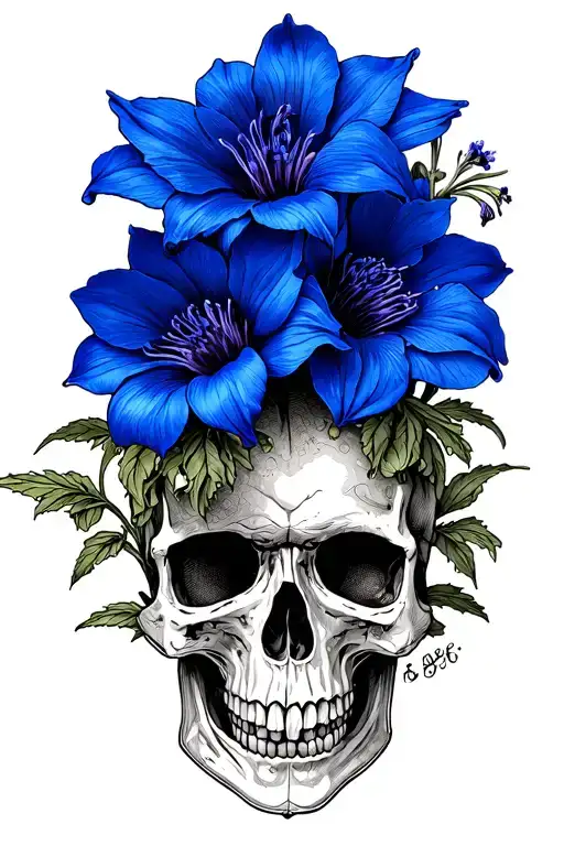 Four Colorado Blue Columbine Flowers And Skull